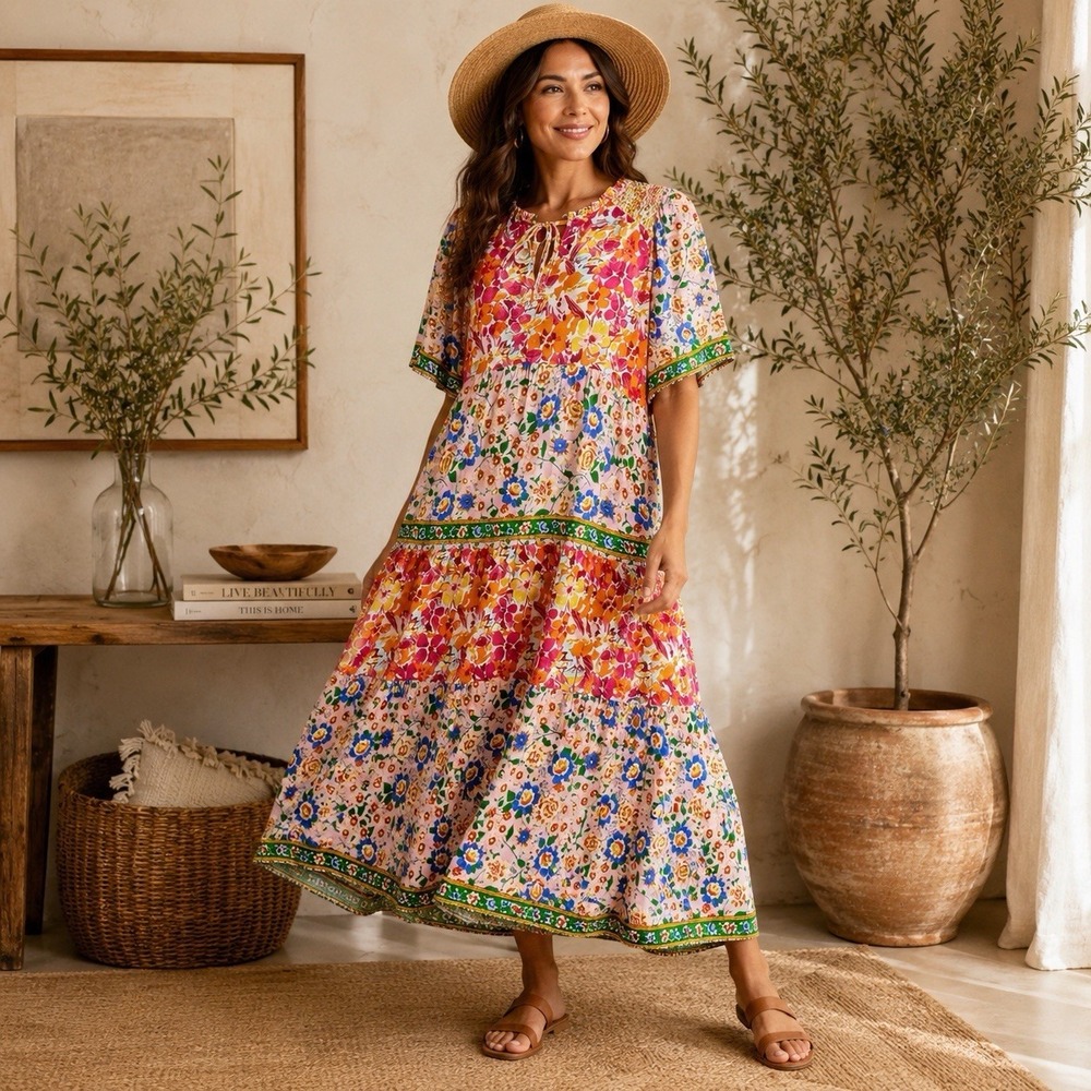 Style U Floral Tiered Maxi Dress Women L‎ Pink Orange Boho Peasant